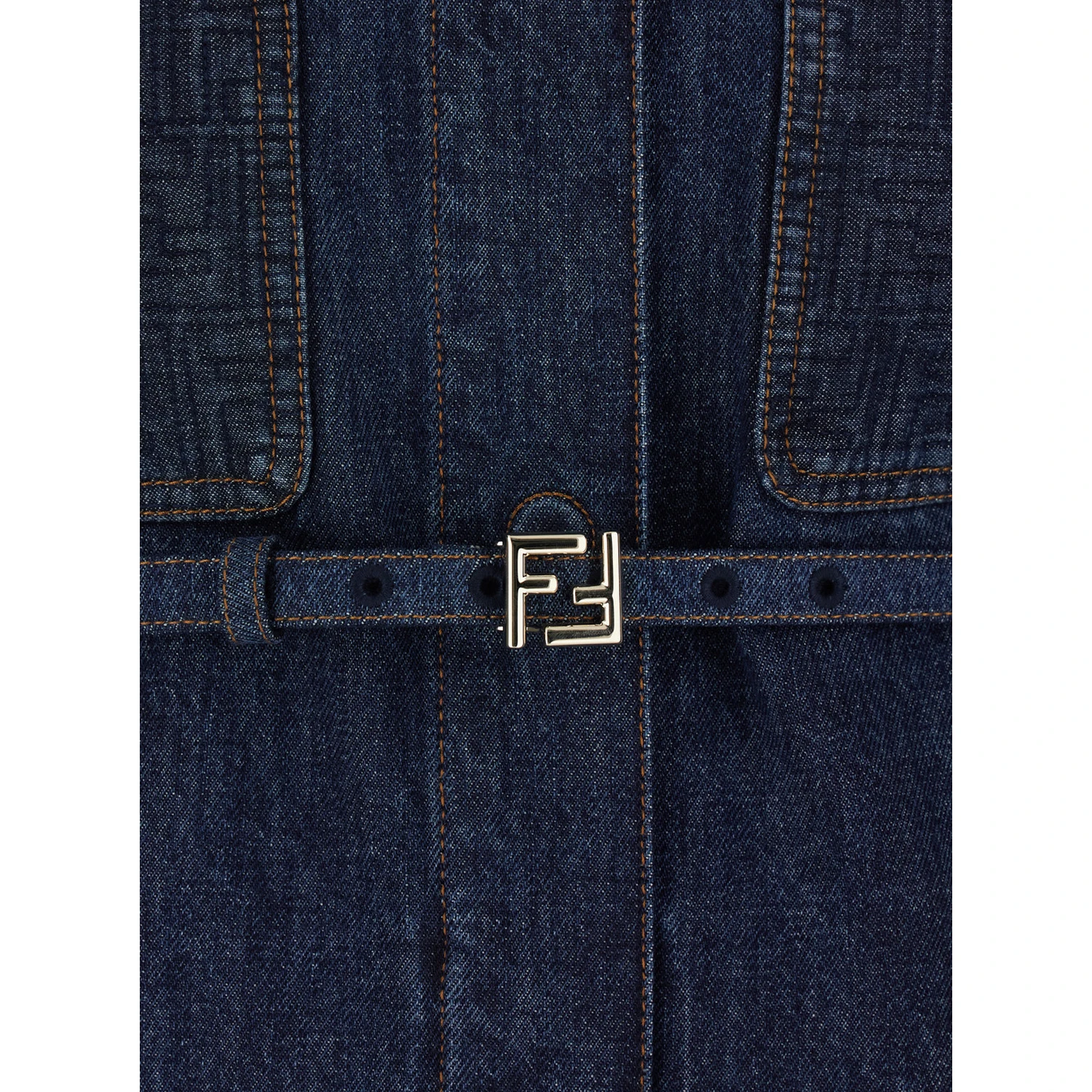 Blue Jacket with Pointed Collar and Waist Belt with FF Plaque in Denim Woman