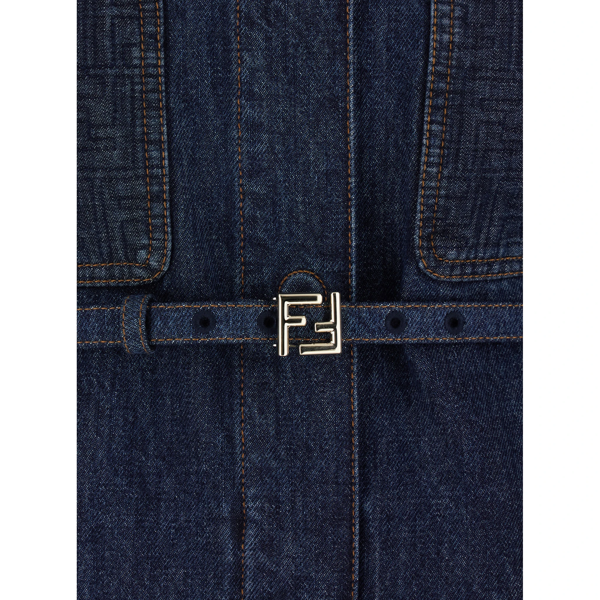 Blue Jacket with Pointed Collar and Waist Belt with FF Plaque in Denim Woman