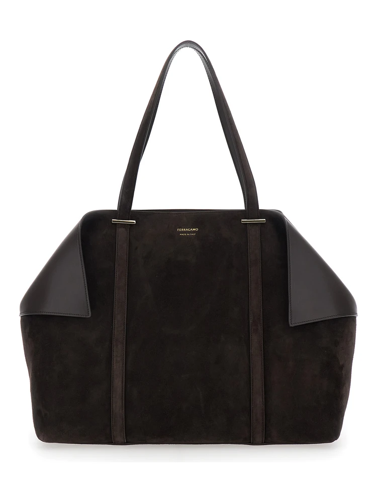 Brown Tote Bag with Folded Angles and Embossed Logo Lettering on the Front in Suede Woman