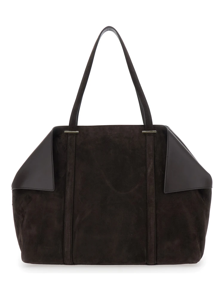 Brown Tote Bag with Folded Angles and Embossed Logo Lettering on the Front in Suede Woman alternative