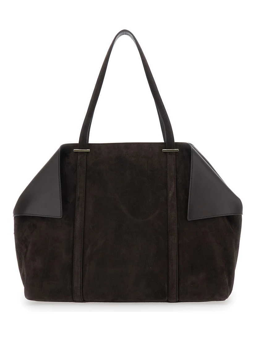 Brown Tote Bag with Folded Angles and Embossed Logo Lettering on the Front in Suede Woman