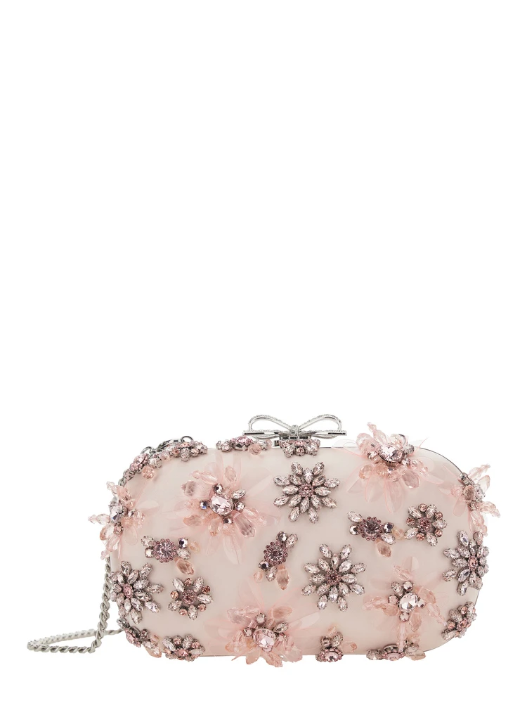 Pink Clutch Bag with Floral Embellishment and Bow Detail in Tech Fabric and Metal Woman
