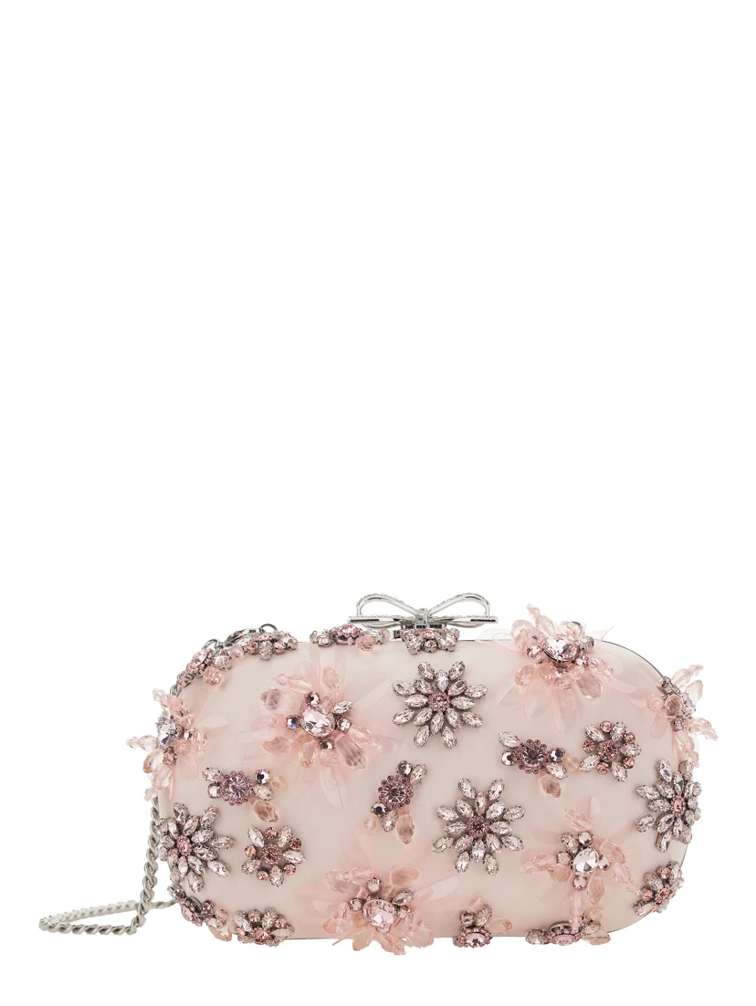 Pink Clutch Bag with Floral Embellishment and Bow Detail in Tech Fabric and Metal Woman