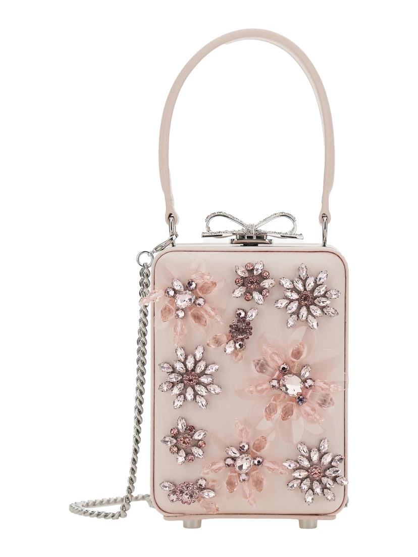 Pink Clutch Bag with All-Over Floral Details and Metallic Bow in Satin Woman