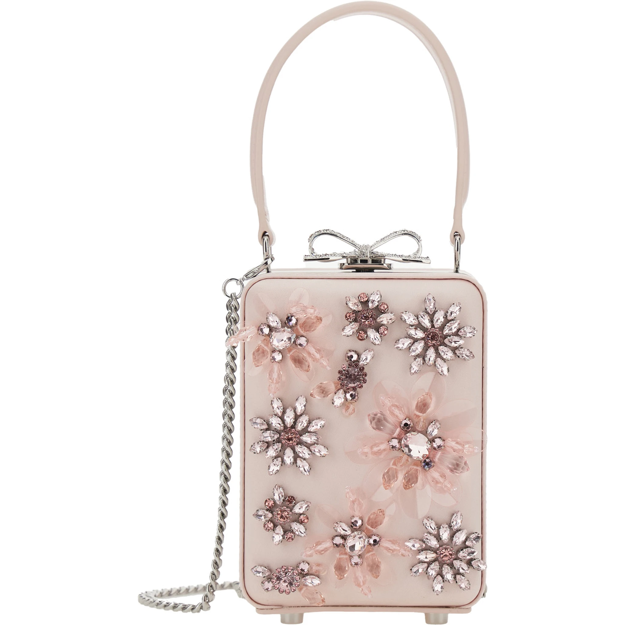 Pink Clutch Bag with All-Over Floral Details and Metallic Bow in Satin Woman