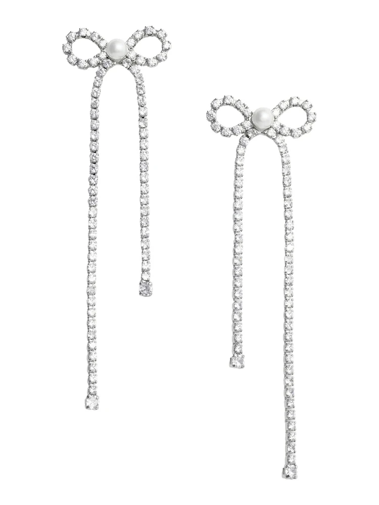 Silver Colored Pendant Earings with Bow Detail and all-Over Crystal Embellishments in Copper Woman