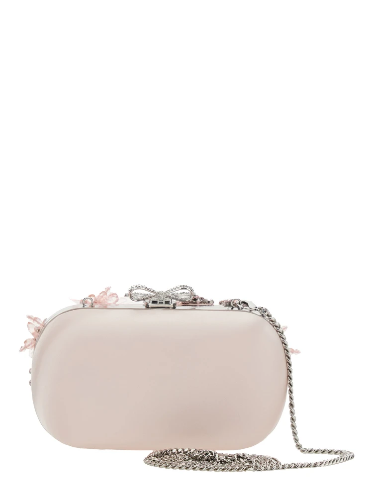 Pink Clutch Bag with Floral Embellishment and Bow Detail in Tech Fabric and Metal Woman alternative