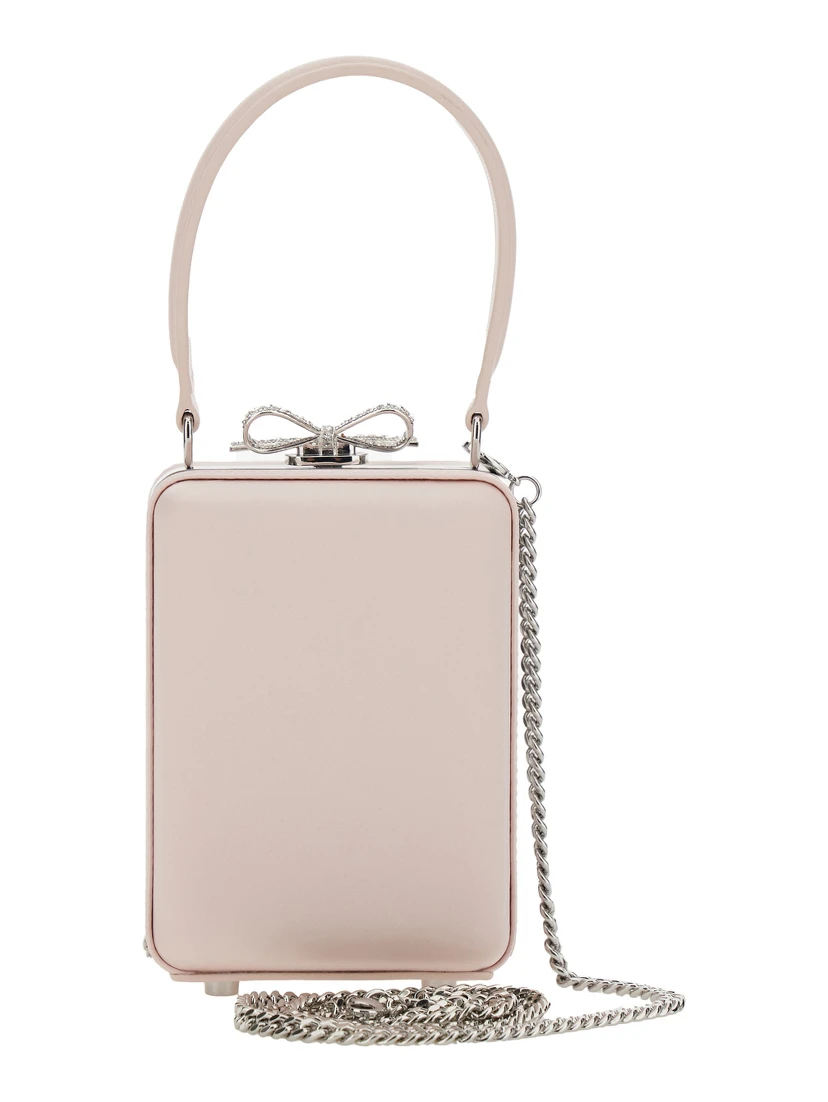 Pink Clutch Bag with All-Over Floral Details and Metallic Bow in Satin Woman