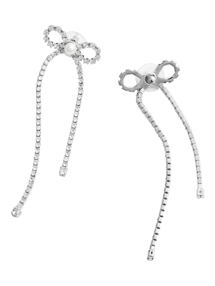 Silver Colored Pendant Earings with Bow Detail and all-Over Crystal Embellishments in Copper Woman alternative