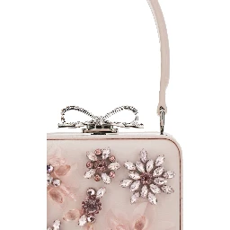 Pink Clutch Bag with All-Over Floral Details and Metallic Bow in Satin Woman