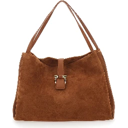 Brown Shoulder Bag with Two Top Handles and Gancini Plaque on the Front in Suede Woman