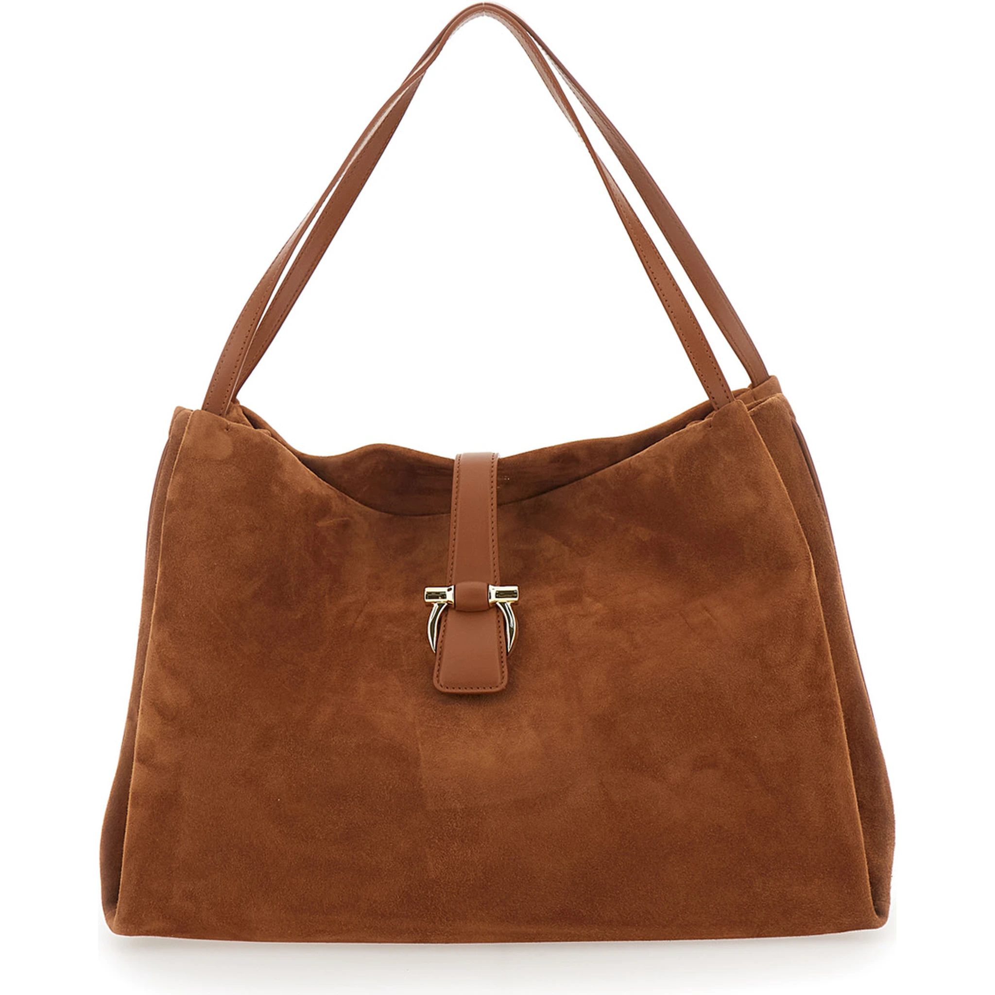 Brown Shoulder Bag with Two Top Handles and Gancini Plaque on the Front in Suede Woman
