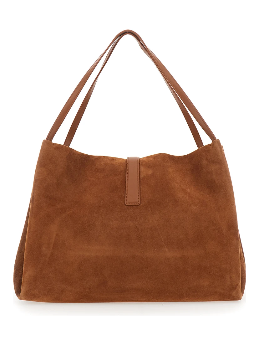 Brown Shoulder Bag with Two Top Handles and Gancini Plaque on the Front in Suede Woman