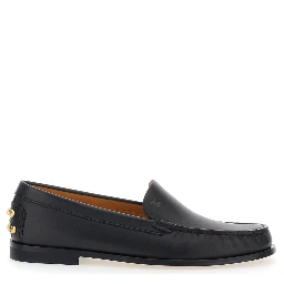 Black Loafers with Embossed Logo and Stud Details on the Back in Leather Woman