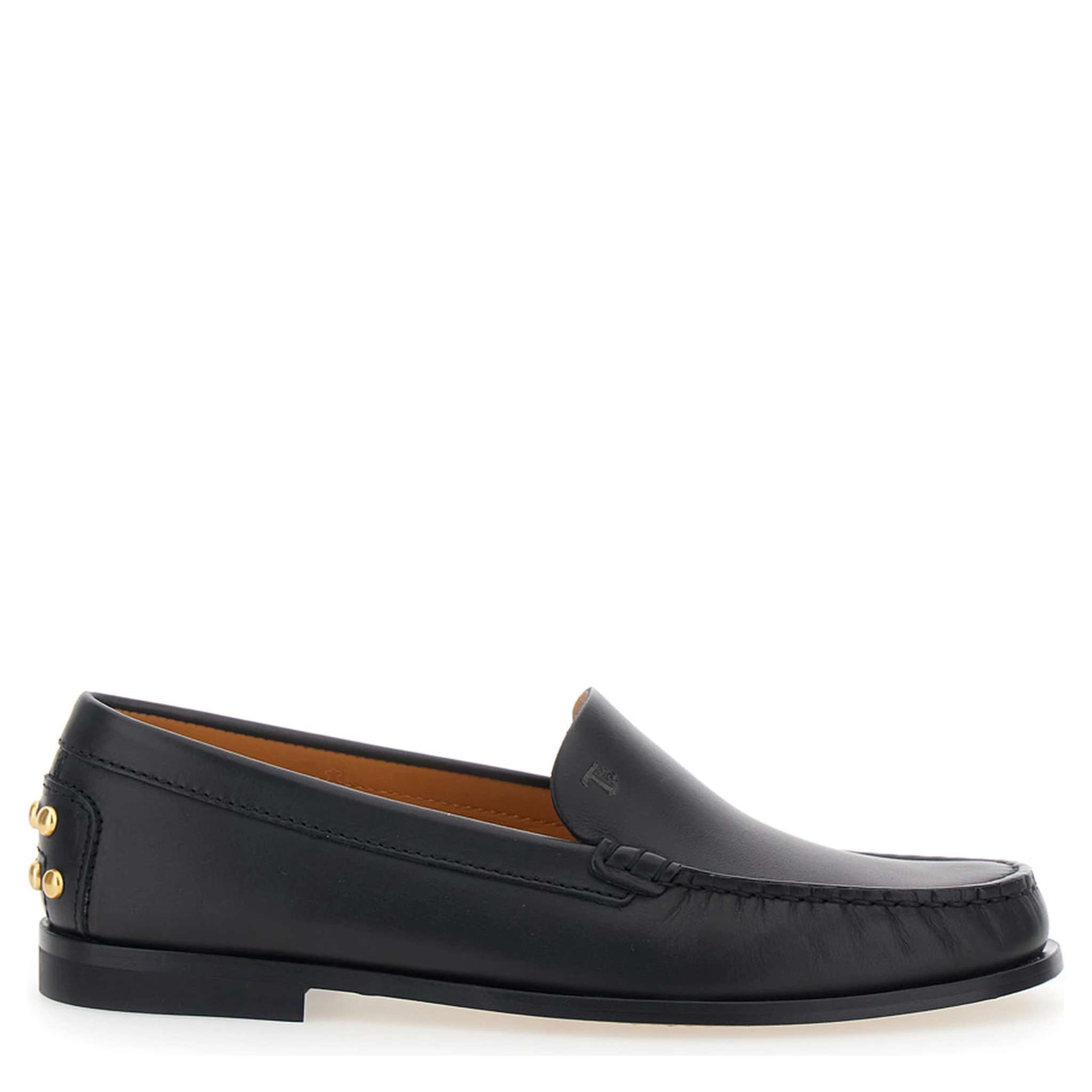 Black Loafers with Embossed Logo and Stud Details on the Back in Leather Woman