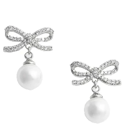 Silver Colored Earings with Bow Silhouette and Pearl Embellishment in Copper Woman