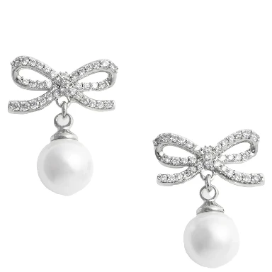 Silver Colored Earings with Bow Silhouette and Pearl Embellishment in Copper Woman