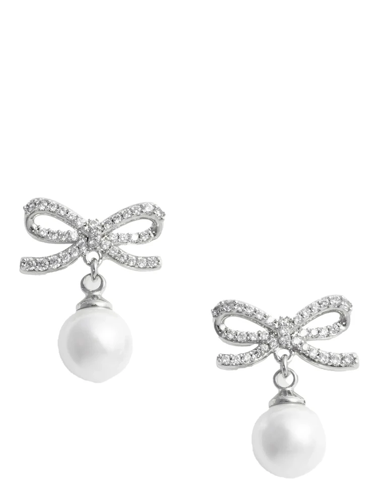 Silver Colored Earings with Bow Silhouette and Pearl Embellishment in Copper Woman
