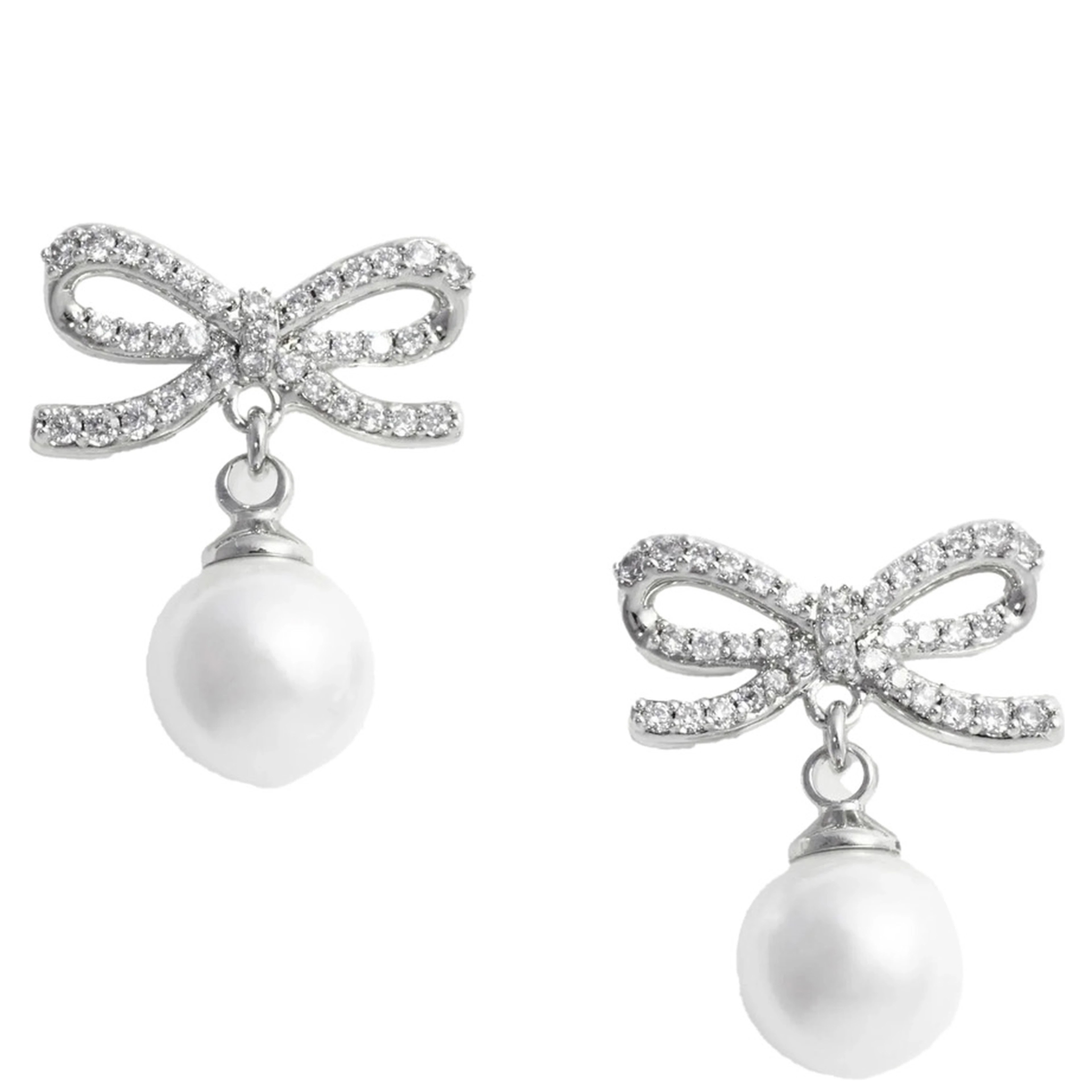 Silver Colored Earings with Bow Silhouette and Pearl Embellishment in Copper Woman