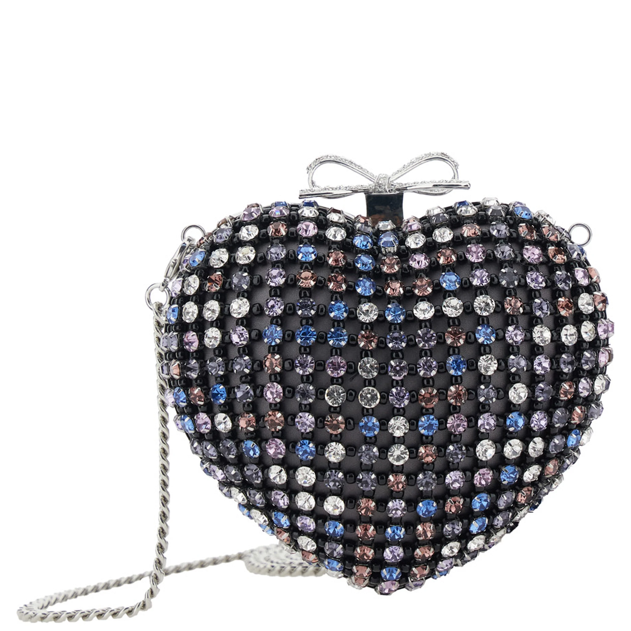 Multicolor Heart Shaped Clutch with Pearl Embellishments and Bow Detail in Tech Fabric Woman