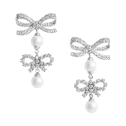 Silver Colored Earings with Double Bow and Crystal Embellishments in Copper Woman