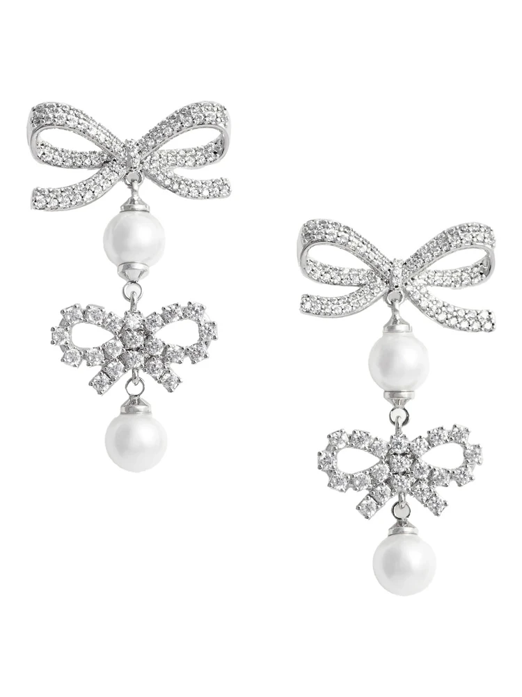 Silver Colored Earings with Double Bow and Crystal Embellishments in Copper Woman