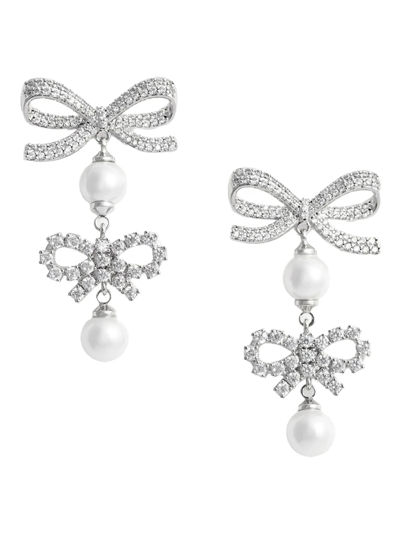 Silver Colored Earings with Double Bow and Crystal Embellishments in Copper Woman