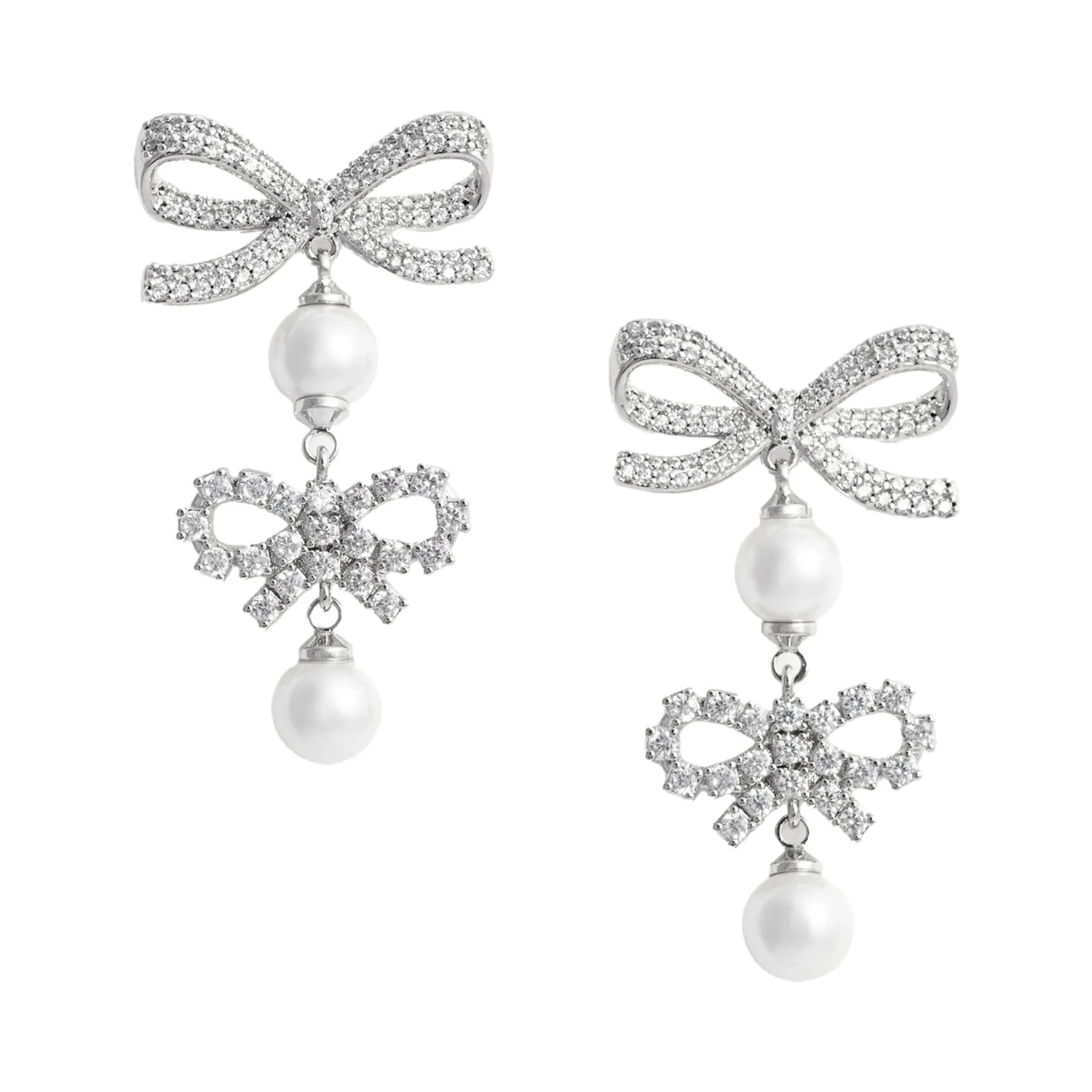 Silver Colored Earings with Double Bow and Crystal Embellishments in Copper Woman