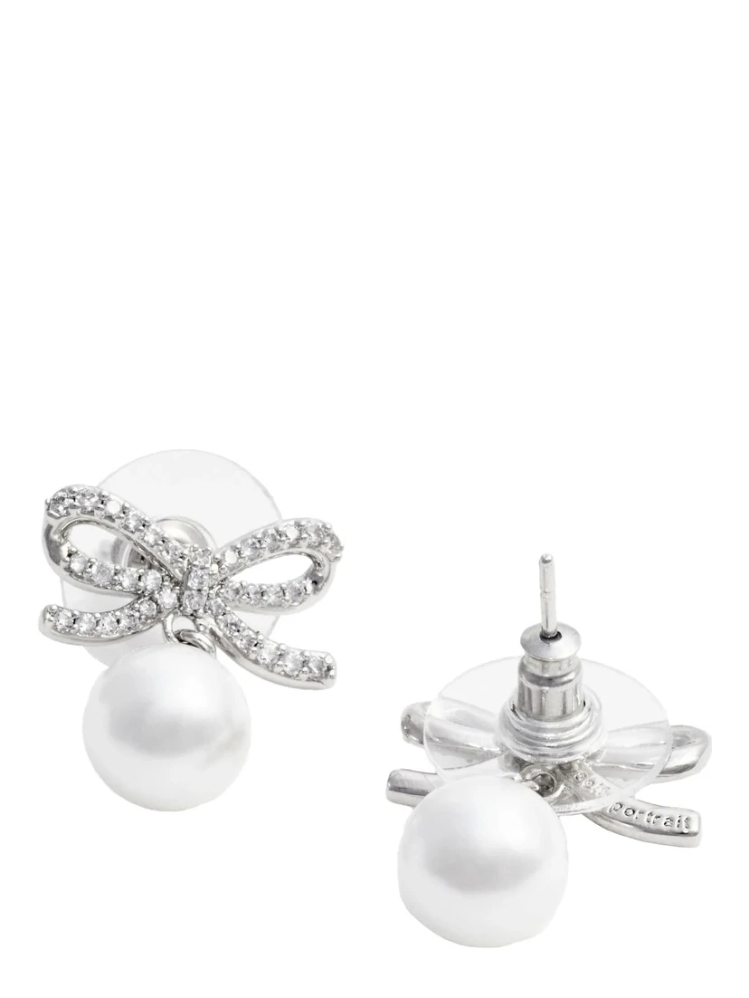 Silver Colored Earings with Bow Silhouette and Pearl Embellishment in Copper Woman