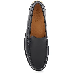 Black Loafers with Embossed Logo and Stud Details on the Back in Leather Woman