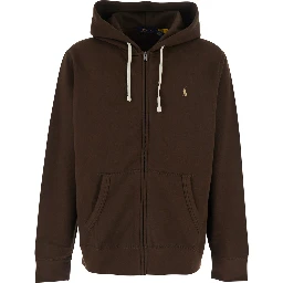 Brown Sweatshirt with Drawstring Hood and Pony Embroidery on the Front in Cotton Blend Man