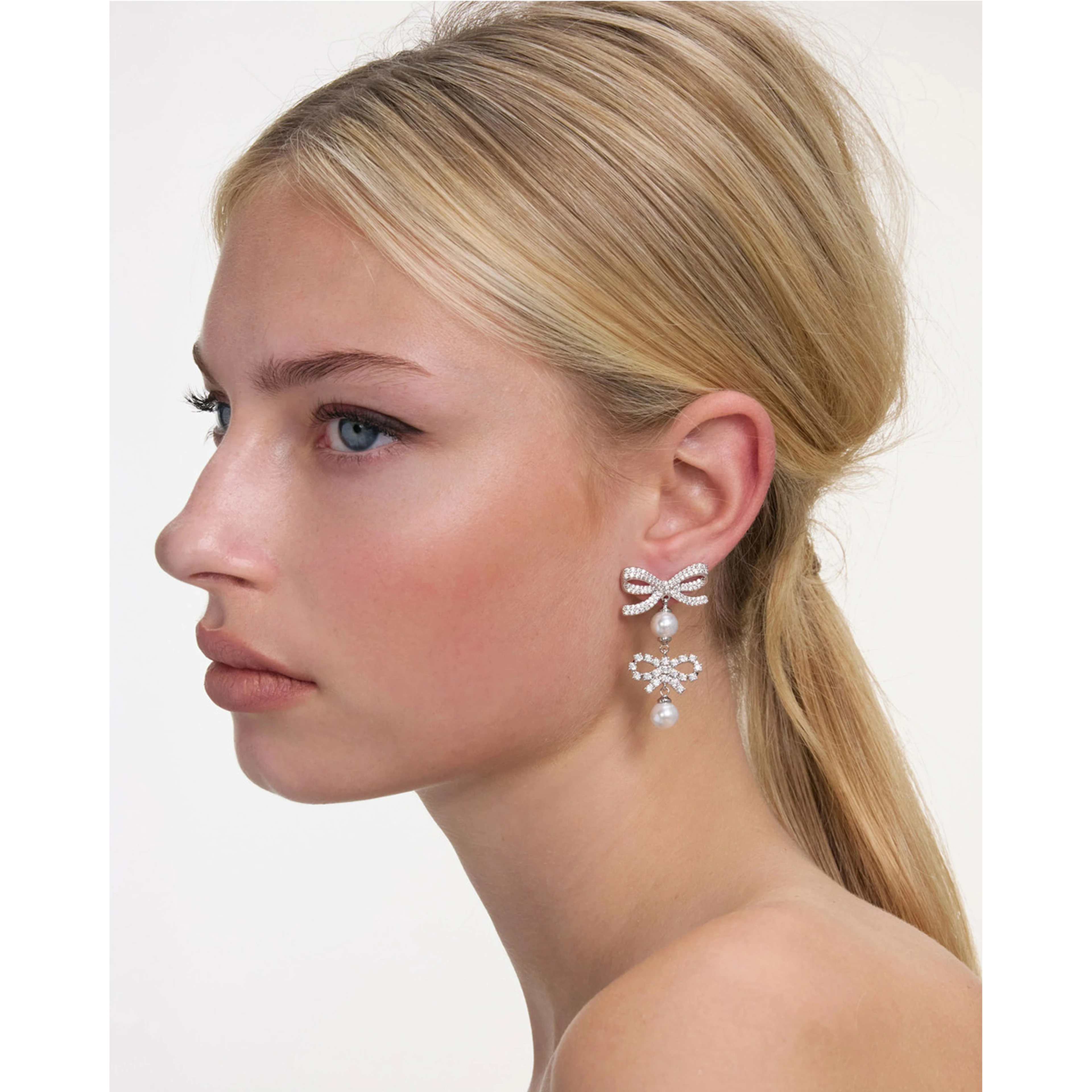 Silver Colored Earings with Double Bow and Crystal Embellishments in Copper Woman
