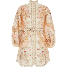 Daylight Multicolor Midi Dress with Long Puffed Sleeves and All-Over Floral Print in Linen Woman