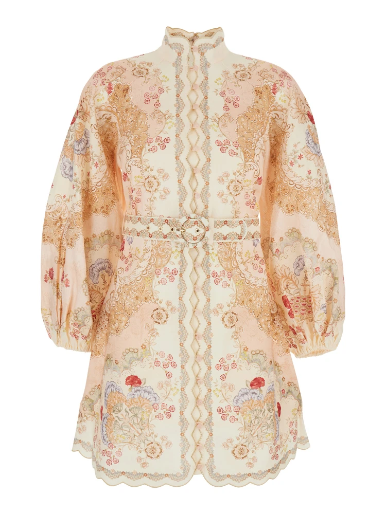 Daylight Multicolor Midi Dress with Long Puffed Sleeves and All-Over Floral Print in Linen Woman
