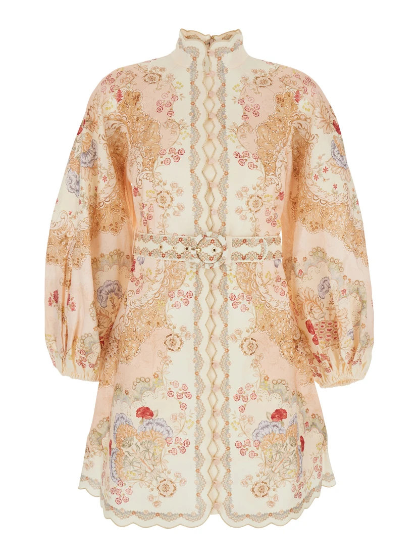 Daylight Multicolor Midi Dress with Long Puffed Sleeves and All-Over Floral Print in Linen Woman