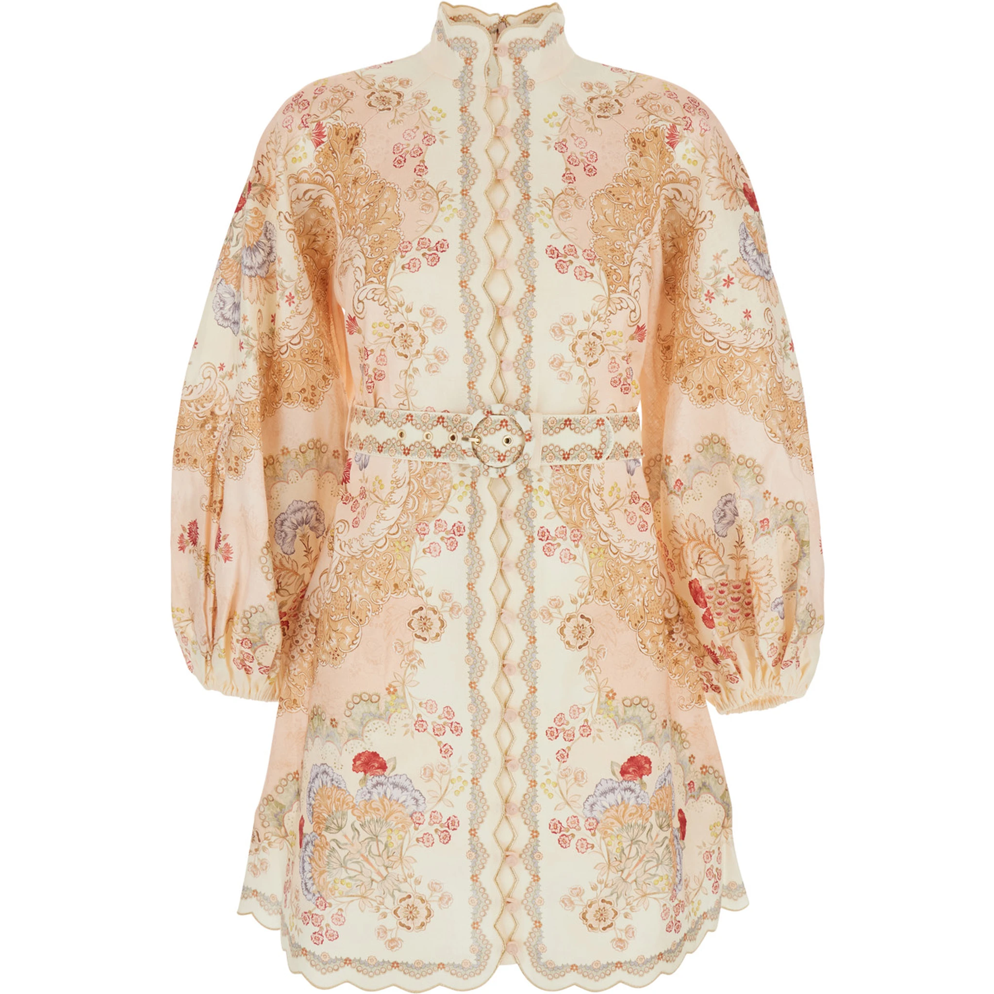 Daylight Multicolor Midi Dress with Long Puffed Sleeves and All-Over Floral Print in Linen Woman