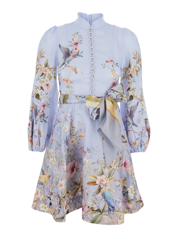 Rebellion Multicolor Midi Dress with Bow Detail on the Front and All-Over Floral Print in Linen Woman
