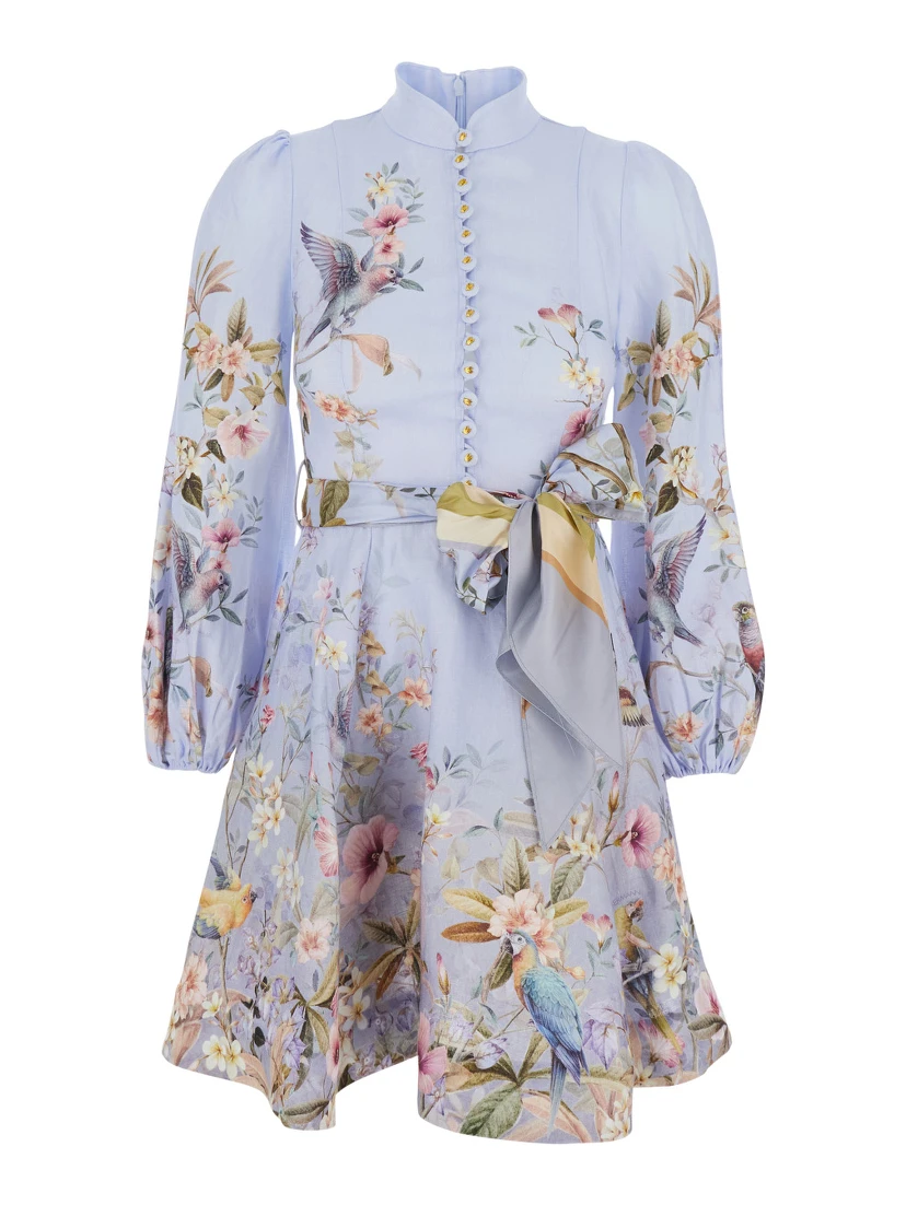 Rebellion Multicolor Midi Dress with Bow Detail on the Front and All-Over Floral Print in Linen Woman