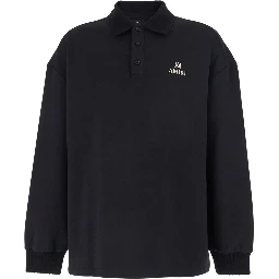 Black Sweatshirt with Polo Neck and Front Lettering Logo in Cotton Man