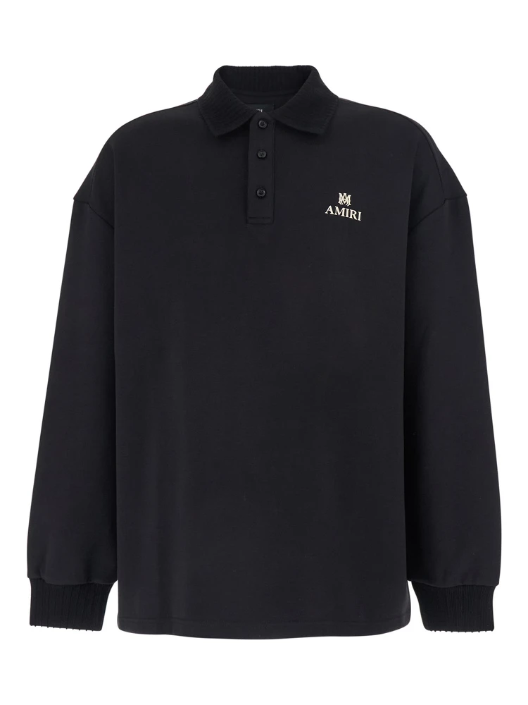 Black Sweatshirt with Polo Neck and Front Lettering Logo in Cotton Man