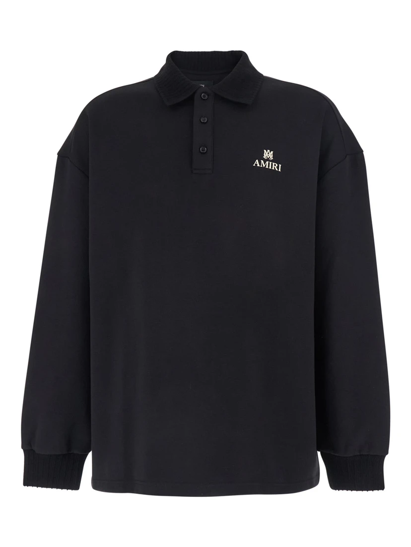 Black Sweatshirt with Polo Neck and Front Lettering Logo in Cotton Man