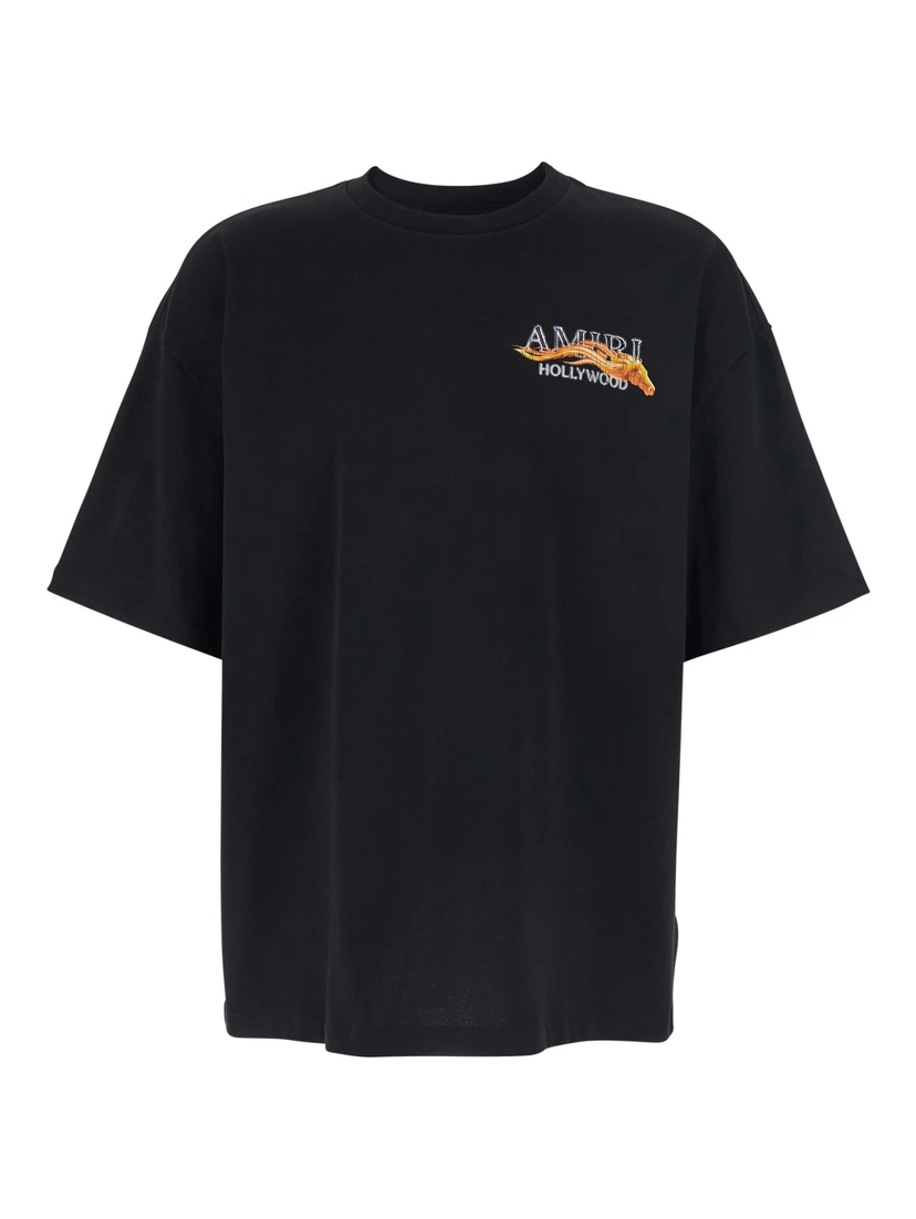 Black Crewneck T-Shirt with Logo on Front and on the Back in Cotton Man