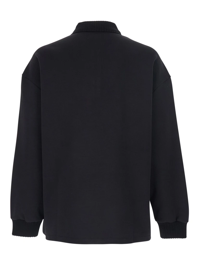 Black Sweatshirt with Polo Neck and Front Lettering Logo in Cotton Man