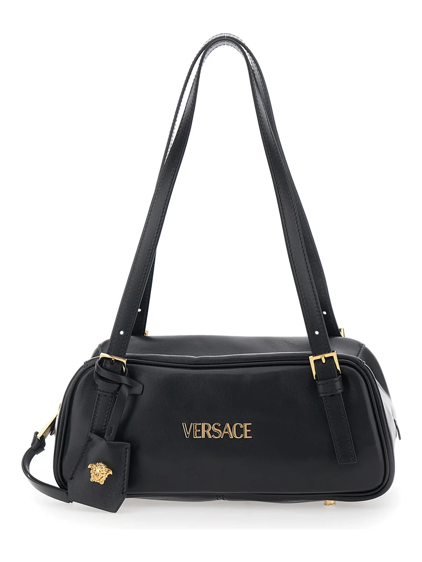 Tag Bowling Black Shoulder Bag with Metallic Logo Lettering and Medusa Head Pendant in Leather Woman