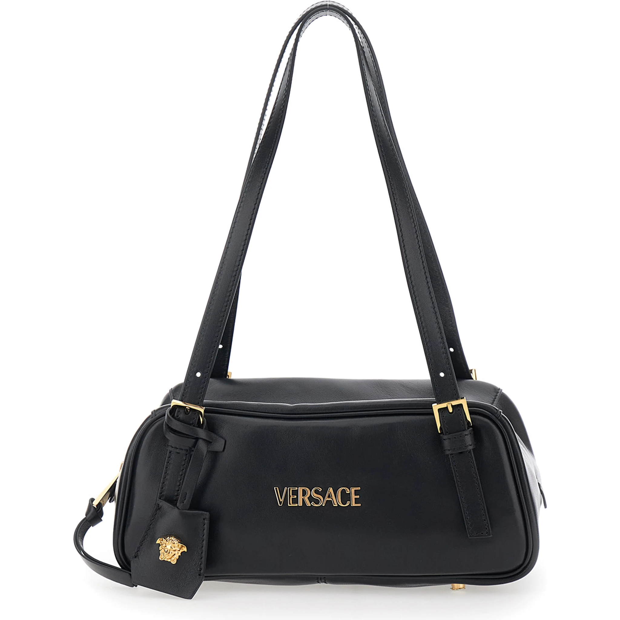 Tag Bowling Black Shoulder Bag with Metallic Logo Lettering and Medusa Head Pendant in Leather Woman