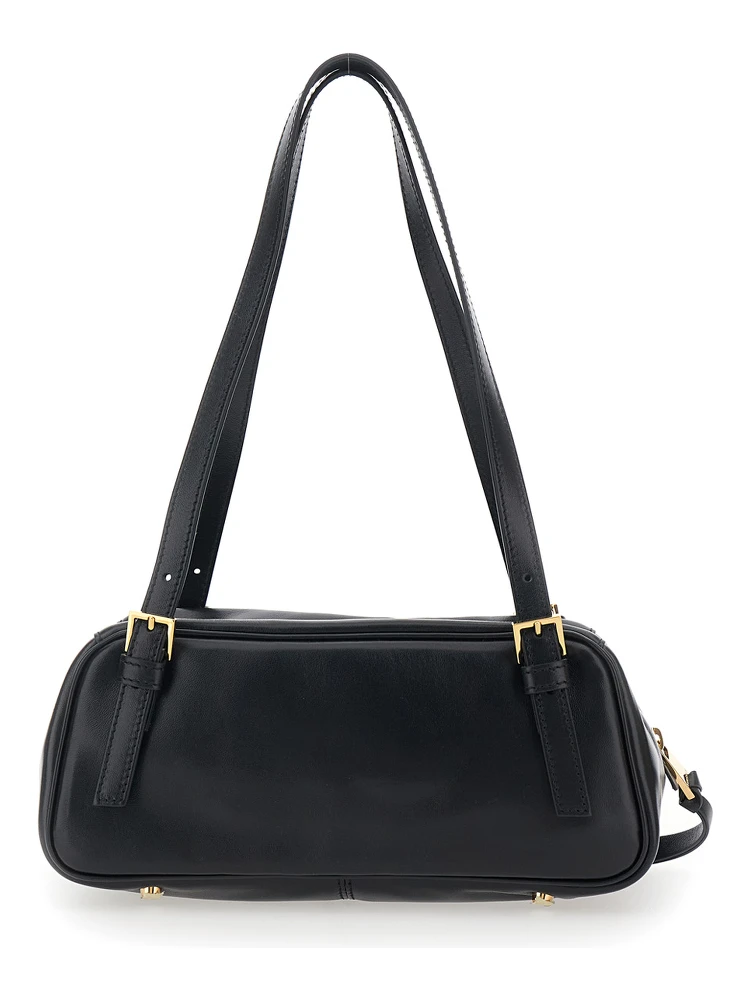 Tag Bowling Black Shoulder Bag with Metallic Logo Lettering and Medusa Head Pendant in Leather Woman alternative