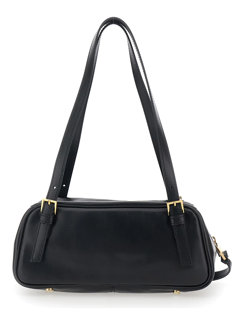 Tag Bowling Black Shoulder Bag with Metallic Logo Lettering and Medusa Head Pendant in Leather Woman