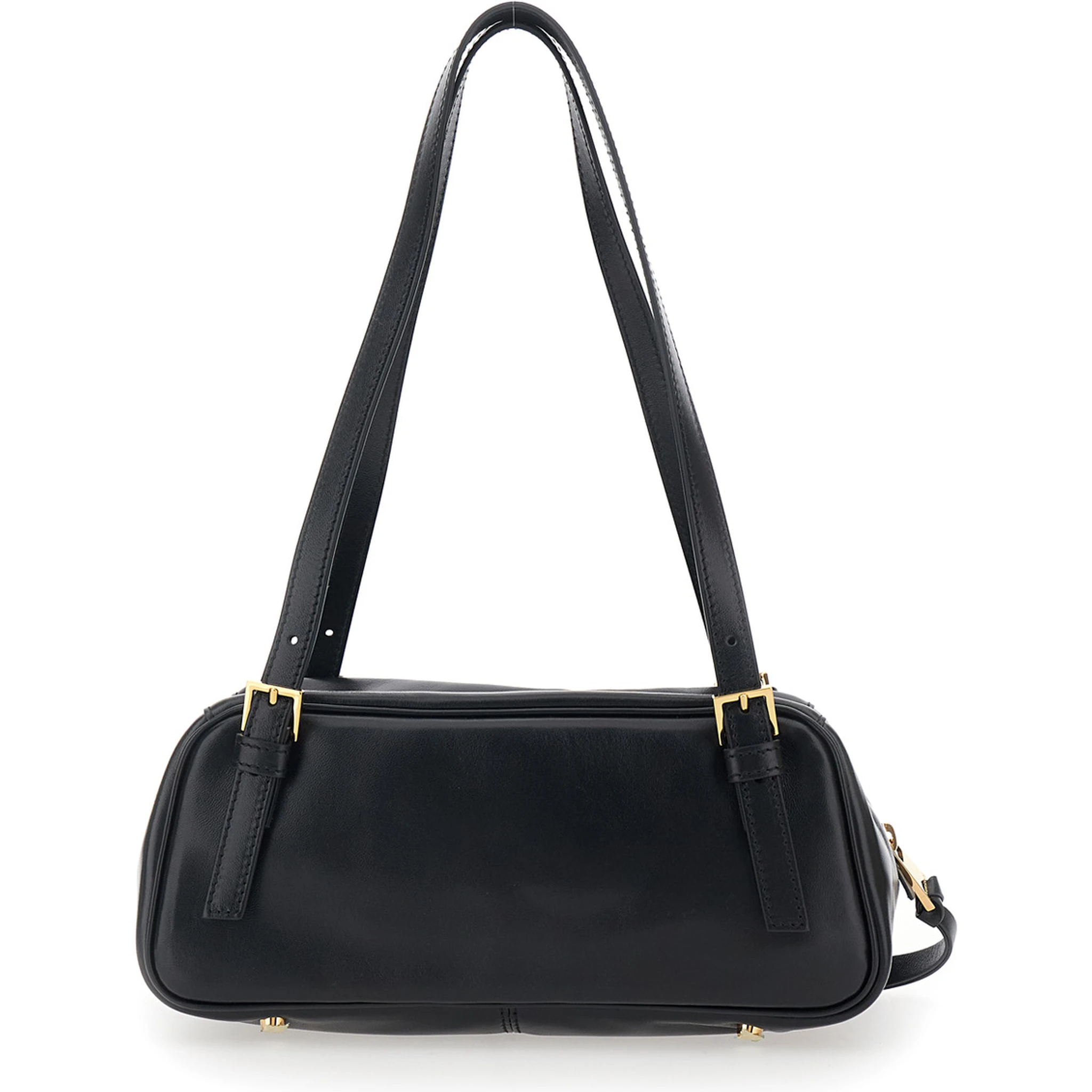 Tag Bowling Black Shoulder Bag with Metallic Logo Lettering and Medusa Head Pendant in Leather Woman