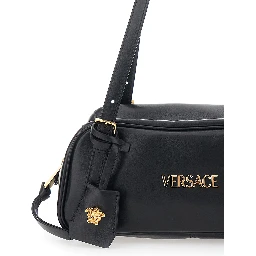 Tag Bowling Black Shoulder Bag with Metallic Logo Lettering and Medusa Head Pendant in Leather Woman