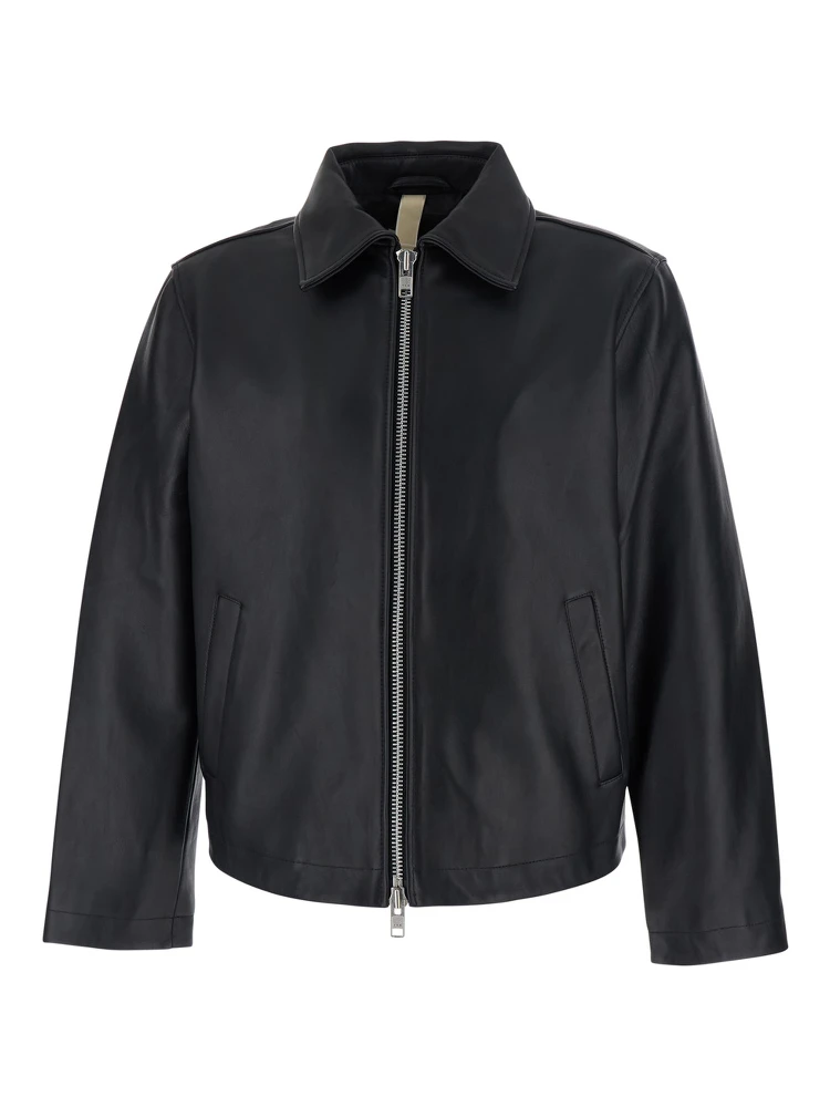 Black Crop Jacket with Classic Collar and Dropped Shoulders in Leather Man